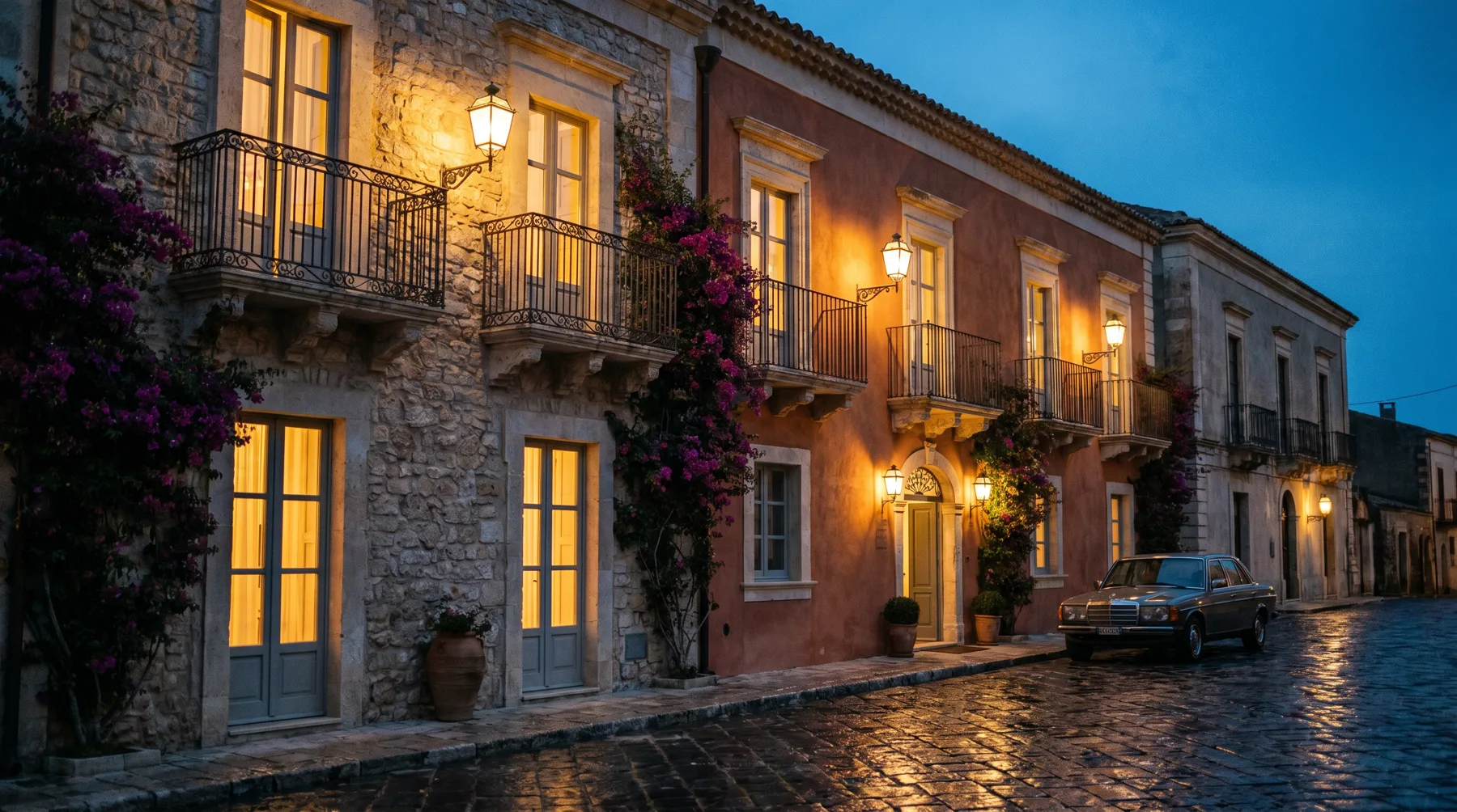 Facciata di un hotel indipendente all'ora blu