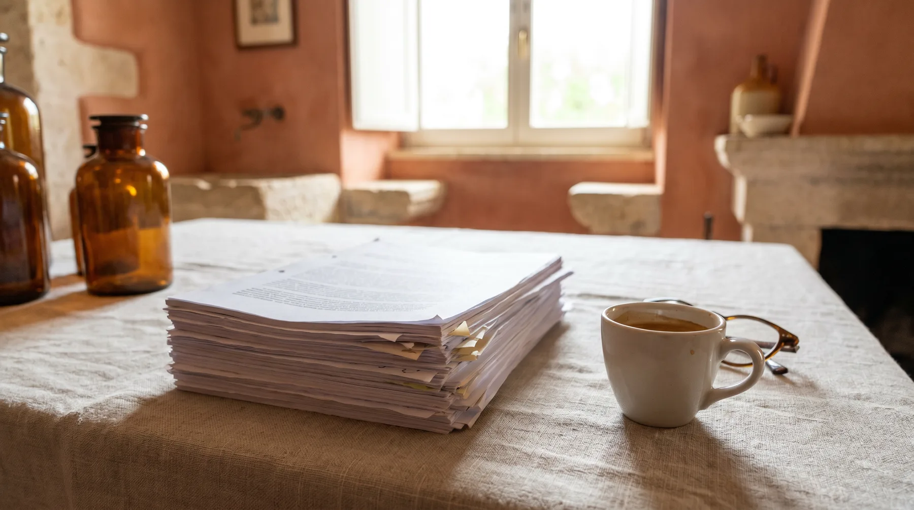 Carte di ricerca con caffè e occhiali da lettura