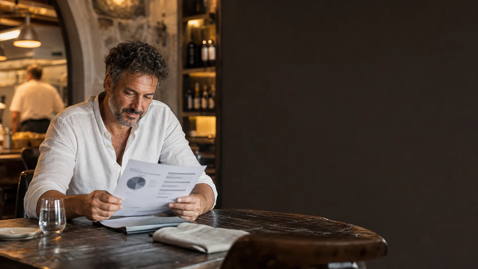 Titolare di un ristorante legge una breve analisi